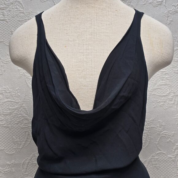 Sexy Sheer Little Black Dress Emily D Small Low Cowl Asymmetric Ruffle Skirt Tie - Picture 2 of 15